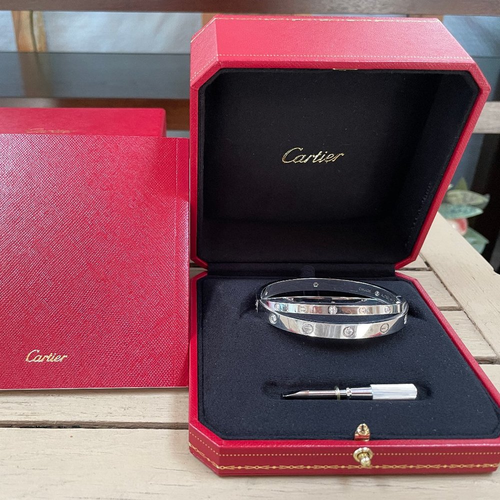 Cartier Love DOUBLE Bracelet 18k White Gold with 12 Diamonds - Size 17
